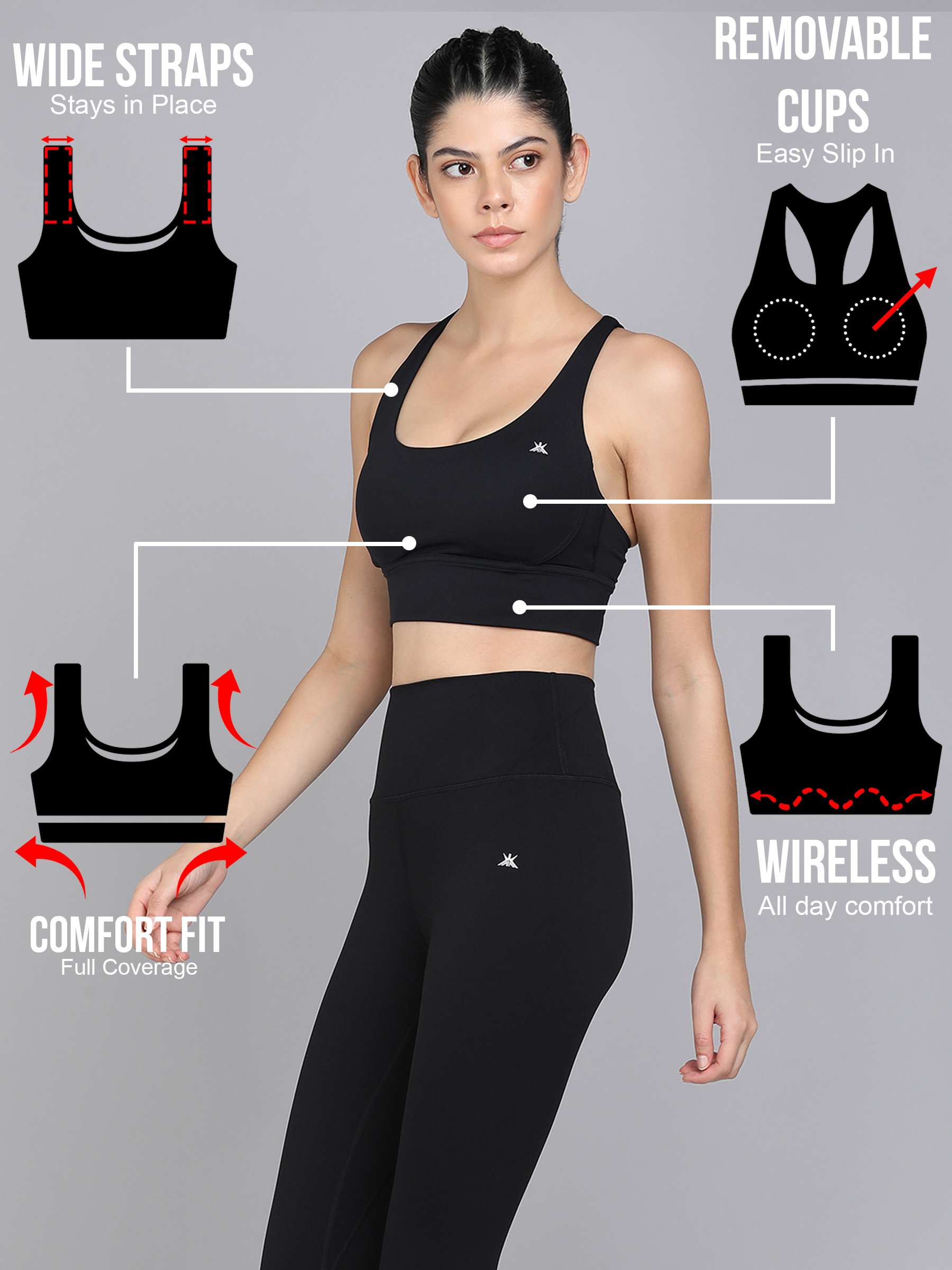Freely Academy Sports Bra Yoga Top Non-Wired Padded Crossback Gym